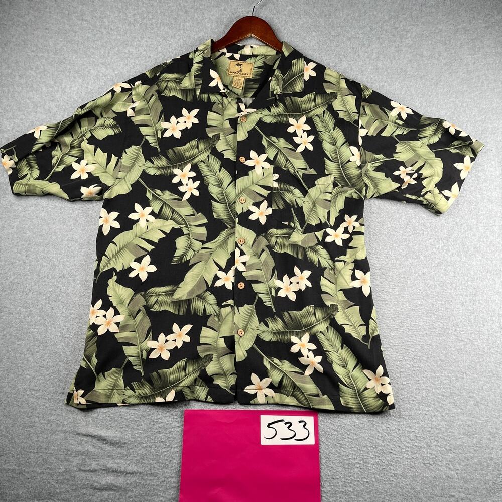 Jamaica Jaxx Silk Tropical Print Shirt Large Floral Button Up Short Sleeve Mens